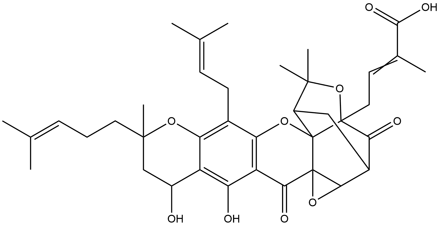 2-Butenoic acid, 4-[2,3,5,6,11,12-hexahydro-12,13-dihydroxy-5,5,10-trimethyl-8-(3-methyl-2-buten-1-yl)-10-(4-methyl-3-penten-1-yl)-3,14-dioxo-2,6-methano-10H,14H-furo[3,2-g]oxireno[k]pyrano[3,2-b]xanthen-3a(1aH)-yl]-2-methyl- Structure