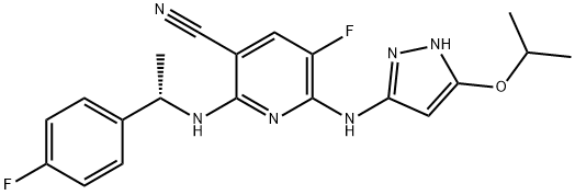 3-Pyridinecarbonitrile, 5-fluoro-2-[[(1S)-1-(4-fluorophenyl)ethyl]amino]-6-[[5-(1-methylethoxy)-1H-pyrazol-3-yl]amino]- Structure