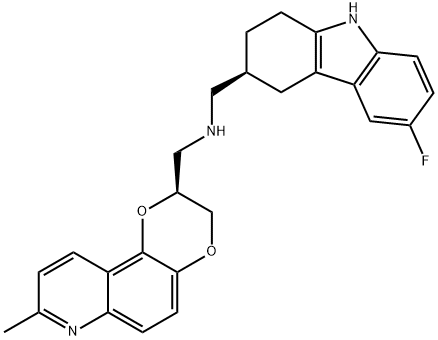 1,4-Dioxino[2,3-f]quinoline-2-methanamine, N-[[(3S)-6-fluoro-2,3,4,9-tetrahydro-1H-carbazol-3-yl]methyl]-2,3-dihydro-8-methyl-, (2S)- Structure