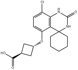 Cyclobutanecarboxylic acid, 3-[(8'-chloro-2',3'-dihydro-2'-oxospiro[cyclohexane-1,4'(1'H)-quinazolin]-5'-yl)oxy]-, trans- Structure