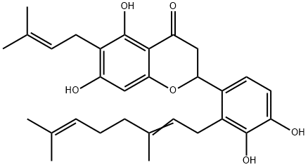 4H-1-Benzopyran-4-one, 2-[2-(3,7-dimethyl-2,6-octadien-1-yl)-3,4-dihydroxyphenyl]-2,3-dihydro-5,7-dihydroxy-6-(3-methyl-2-buten-1-yl)- Structure