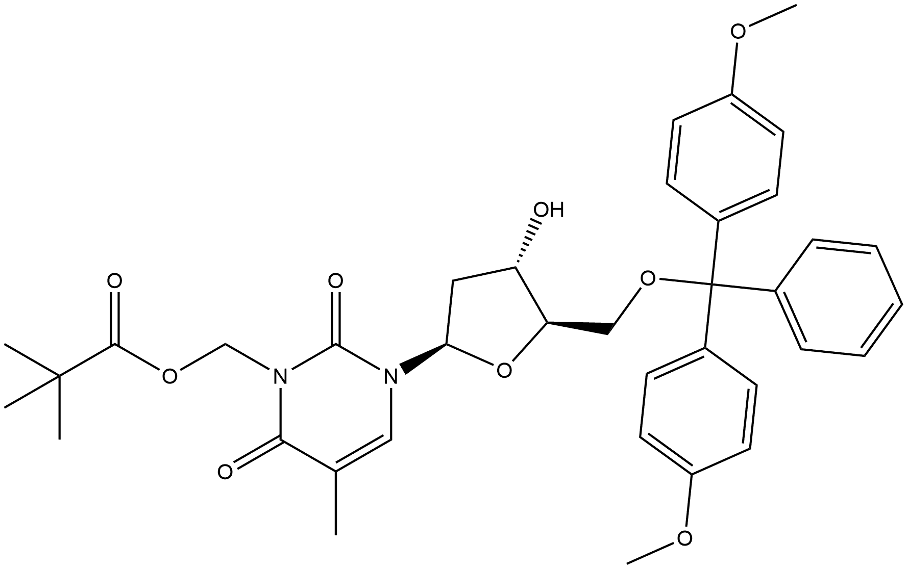 Thymidine, 5'-O-[bis(4-methoxyphenyl)phenylmethyl]-3-[(2,2-dimethyl-1-oxopropoxy)methyl]- (9CI) 구조식 이미지