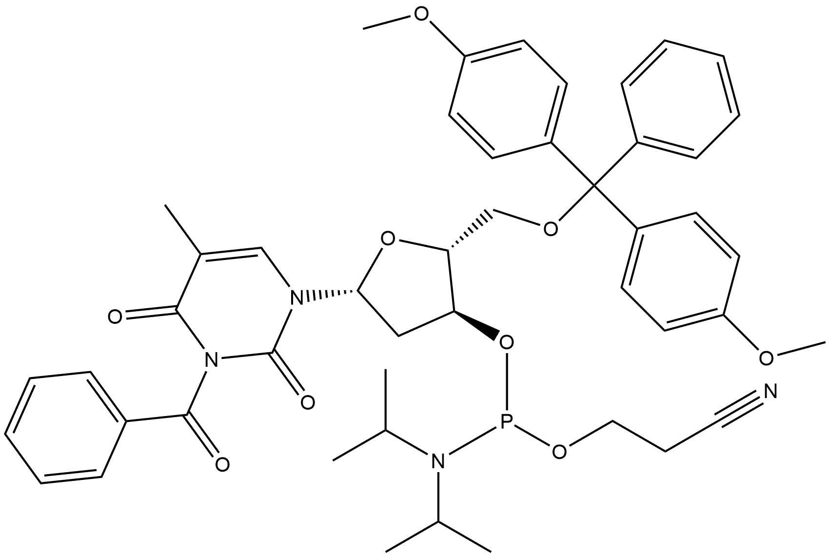 Thymidine, 3-benzoyl-5'-O-[bis(4-methoxyphenyl)phenylmethyl]-, 3'-[2-cyanoethyl N,N-bis(1-methylethyl)phosphoramidite] Structure