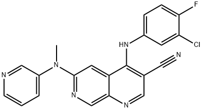 1,7-Naphthyridine-3-carbonitrile, 4-[(3-chloro-4-fluorophenyl)amino]-6-(methyl-3-pyridinylamino)- Structure