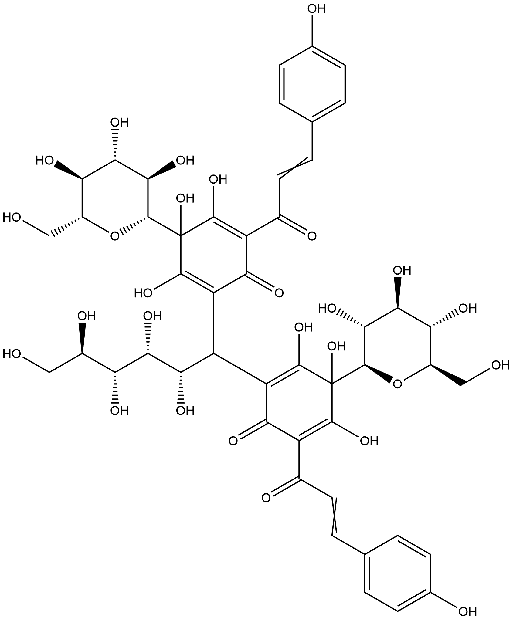 D-Glucitol, 1-deoxy-1,1-bis[3-β-D-glucopyranosyl-2,3,4-trihydroxy-5-[3-(4-hydroxyphenyl)-1-oxo-2-propen-1-yl]-6-oxo-1,4-cyclohexadien-1-yl]- 구조식 이미지