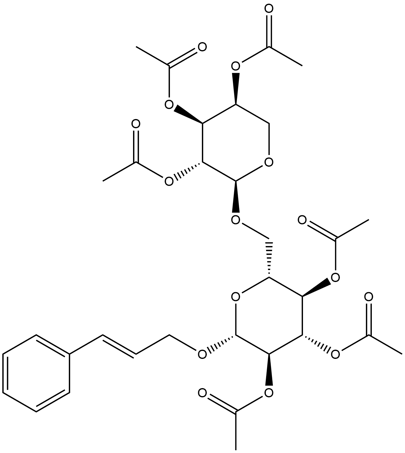 β-D-Glucopyranoside, (2E)-3-phenyl-2-propen-1-yl 6-O-(2,3,4-tri-O-acetyl-α-L-arabinopyranosyl)-, 2,3,4-triacetate 구조식 이미지