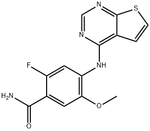 2-Fluoro-5-methoxy-4-(thieno[2,3-d]pyrimidin-4-ylamino)benzamide 구조식 이미지
