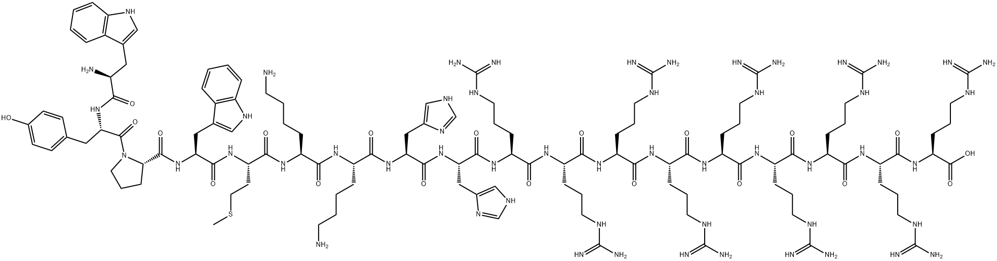 L-Arginine, L-tryptophyl-L-tyrosyl-L-prolyl-L-tryptophyl-L-methionyl-L-lysyl-L-lysyl-L-histidyl-L-histidyl-L-arginyl-L-arginyl-L-arginyl-L-arginyl-L-arginyl-L-arginyl-L-arginyl-L-arginyl- 구조식 이미지