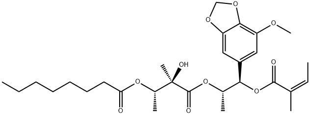 Octanoic acid, (1S,2R)-2-hydroxy-3-[(1S,2R)-2-(7-methoxy-1,3-benzodioxol-5-yl)-1-methyl-2-[[(2Z)-2-methyl-1-oxo-2-buten-1-yl]oxy]ethoxy]-1,2-dimethyl-3-oxopropyl ester 구조식 이미지