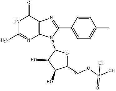 ((2R,3S,4R,5R)-5-(2-Amino-6-oxo-8-(p-tolyl)-1H-purin-9(6H)-yl)-3,4-dihydroxytetrahydrofuran-2-yl)methyl dihydrogen phosphate Structure