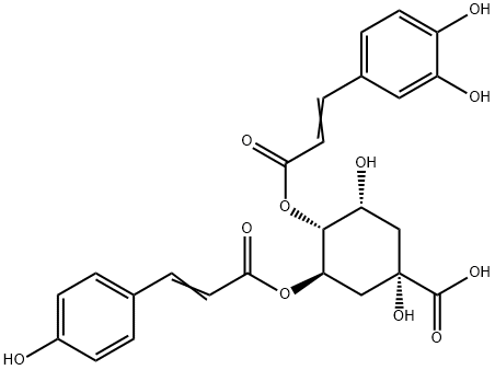 Cyclohexanecarboxylic acid, 4-[[3-(3,4-dihydroxyphenyl)-1-oxo-2-propen-1-yl]oxy]-1,3-dihydroxy-5-[[3-(4-hydroxyphenyl)-1-oxo-2-propen-1-yl]oxy]-, (1S,3R,4R,5R)- Structure