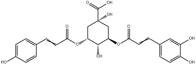 Cyclohexanecarboxylic acid, 3-[[3-(3,4-dihydroxyphenyl)-1-oxo-2-propen-1-yl]oxy]-1,4-dihydroxy-5-[[3-(4-hydroxyphenyl)-1-oxo-2-propen-1-yl]oxy]-, (1S,3R,4R,5R)- Structure