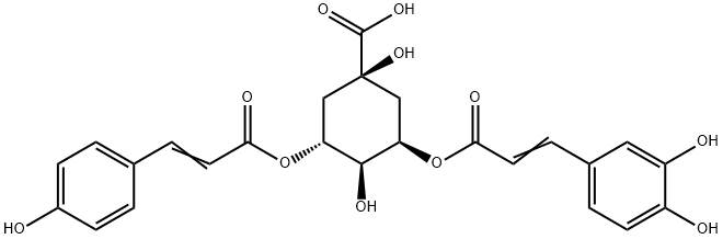 Cyclohexanecarboxylic acid, 3-[[3-(3,4-dihydroxyphenyl)-1-oxo-2-propen-1-yl]oxy]-1,4-dihydroxy-5-[[3-(4-hydroxyphenyl)-1-oxo-2-propen-1-yl]oxy]-, (1R,3R,4S,5R)- Structure