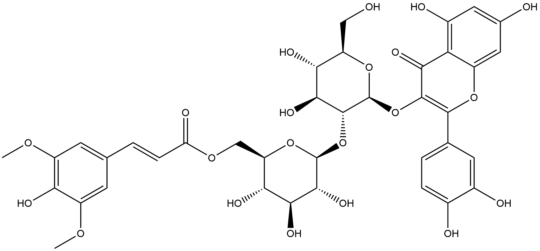 4H-1-Benzopyran-4-one, 2-(3,4-dihydroxyphenyl)-5,7-dihydroxy-3-[[2-O-[6-O-[(2E)-3-(4-hydroxy-3,5-dimethoxyphenyl)-1-oxo-2-propen-1-yl]-β-D-glucopyranosyl]-β-D-glucopyranosyl]oxy]- Structure