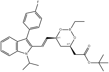 1,3,2-Dioxaborinane-4-acetic acid, 2-ethyl-6-[(1E)-2-[3-(4-fluorophenyl)-1-(1-methylethyl)-1H-indol-2-yl]ethenyl]-, 1,1-dimethylethyl ester, (4R,6S)-rel- Structure