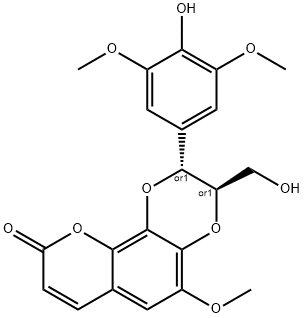 9H-Pyrano[2,3-f]-1,4-benzodioxin-9-one, 2,3-dihydro-2-(4-hydroxy-3,5-dimethoxyphenyl)-3-(hydroxymethyl)-5-methoxy-, (2R,3R)-rel- Structure