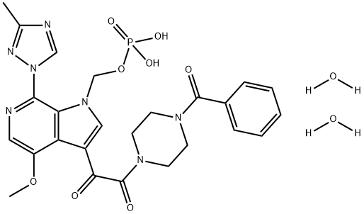 1,2-Ethanedione, 1-(4-benzoyl-1-piperazinyl)-2-[4-methoxy-7-(3-methyl-1H-1,2,4-triazol-1-yl)-1-[(phosphonooxy)methyl]-1H-pyrrolo[2,3-c]pyridin-3-yl]-, hydrate (1:2) Structure
