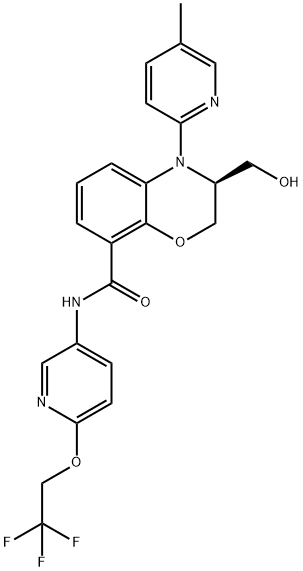 2H-1,4-Benzoxazine-8-carboxamide, 3,4-dihydro-3-(hydroxymethyl)-4-(5-methyl-2-pyridinyl)-N-[6-(2,2,2-trifluoroethoxy)-3-pyridinyl]-, (3S)- 구조식 이미지