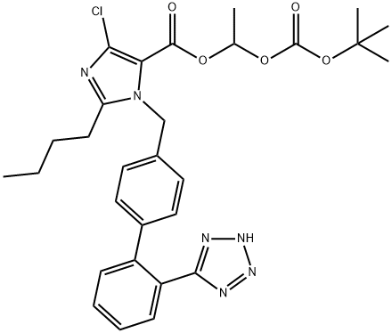 1H-Imidazole-5-carboxylic acid, 2-butyl-4-chloro-1-[[2'-(2H-tetrazol-5-yl)[1,1'-biphenyl]-4-yl]methyl]-, 1-[[(1,1-dimethylethoxy)carbonyl]oxy]ethyl ester 구조식 이미지