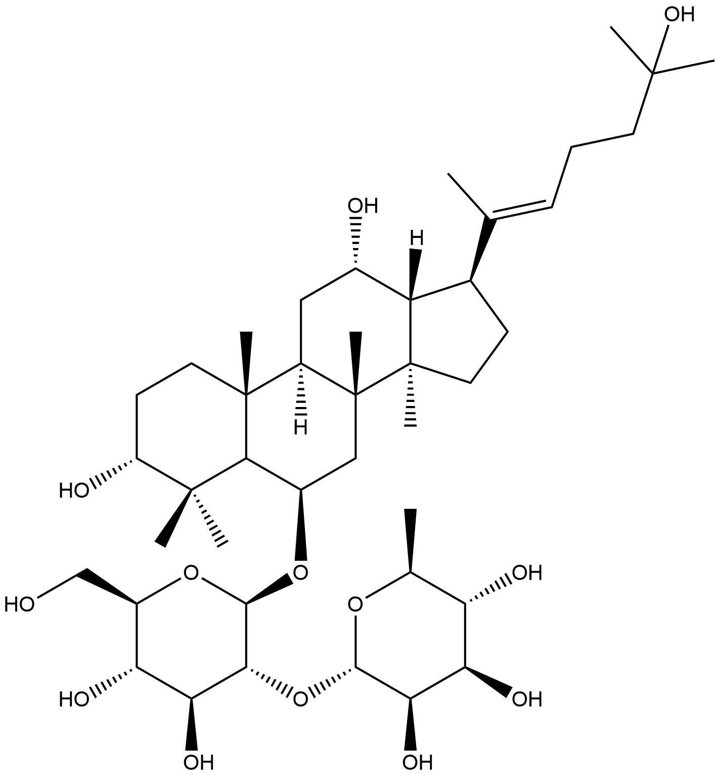 β-D-Glucopyranoside, (3β,6α,12β,20E)-3,12,25-trihydroxydammar-20(22)-en-6-yl 2-O-6-deoxy-α-L-mannopyranosyl- Structure