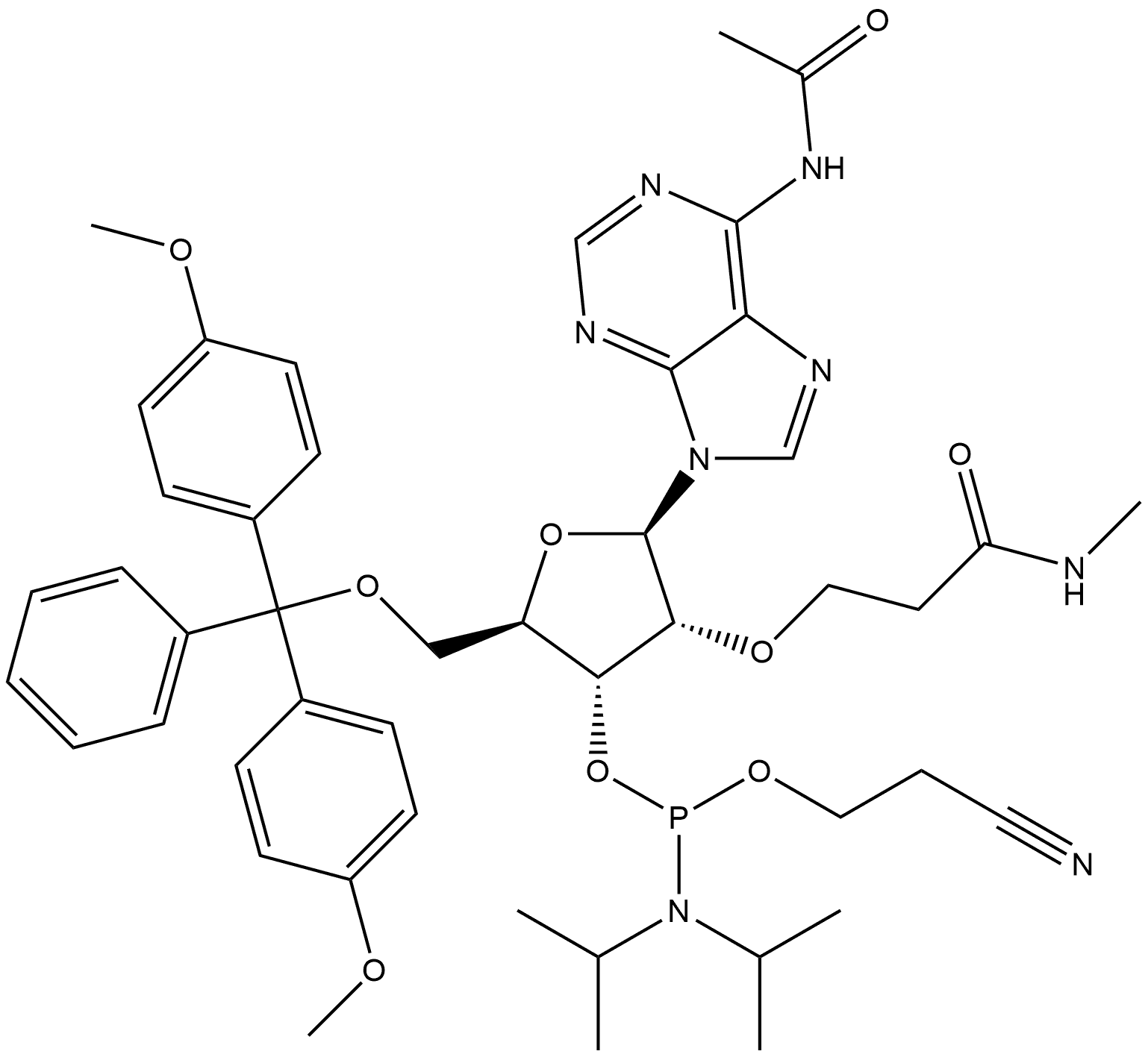 Adenosine, N-acetyl-5'-O-[bis(4-methoxyphenyl)phenylmethyl]-2'-O-[3-(methylamino)-3-oxopropyl]-, 3'-[2-cyanoethyl N,N-bis(1-methylethyl)phosphoramidite] 구조식 이미지