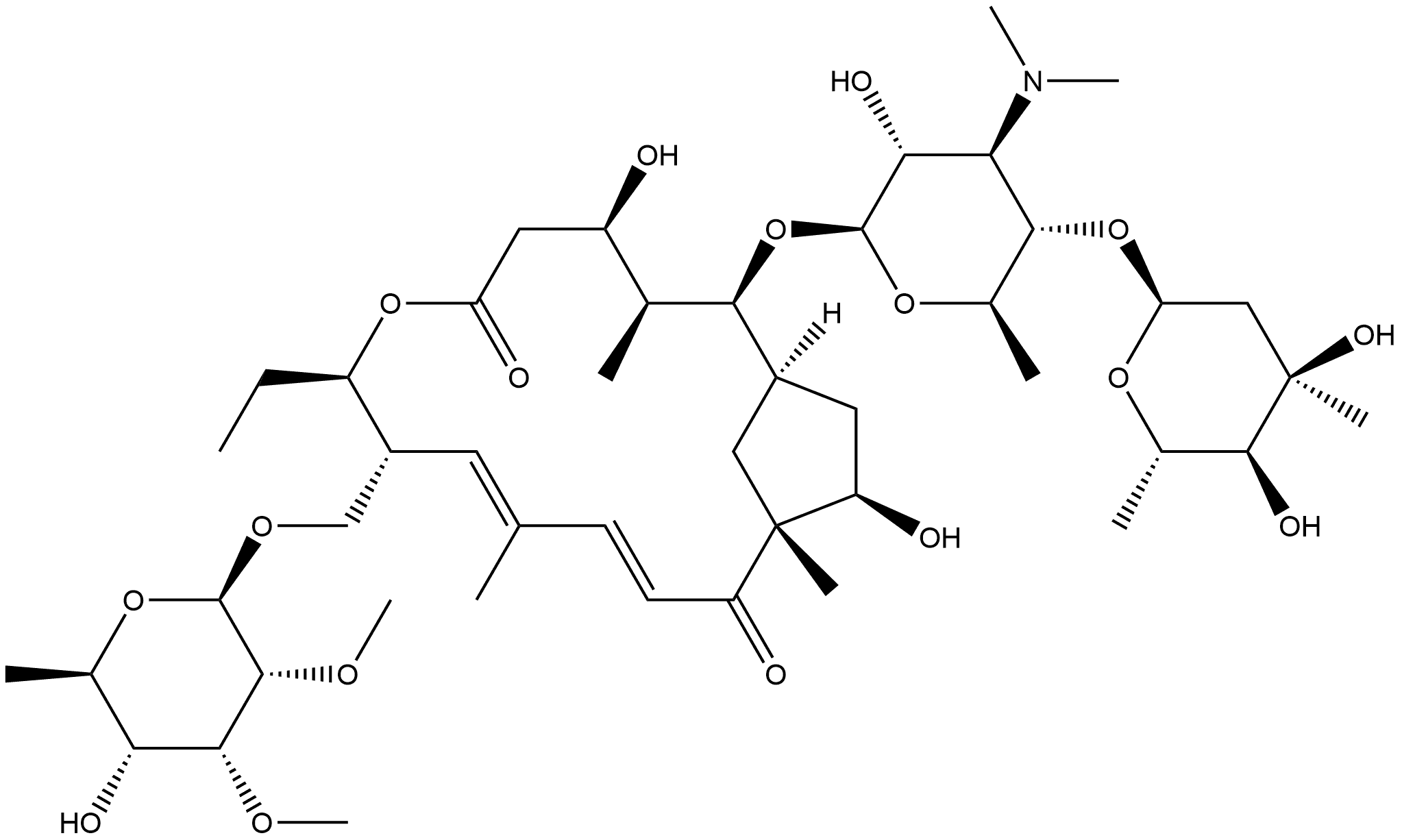 7-Oxabicyclo[13.2.1]octadeca-10,12-diene-6,14-dione, 9-[[(6-deoxy-2,3-di-O-methyl-β-D-allopyranosyl)oxy]methyl]-2-[[3,6-dideoxy-4-O-(2,6-dideoxy-3-C-methyl-α-L-ribo-hexopyranosyl)-3-(dimethylamino)-β-D-glucopyranosyl]oxy]-8-ethyl-4,16-dihydroxy-3,11,15-trimethyl-, (1R,2S,3S,4R,8R,9R,10E,12E,15R,16R)- 구조식 이미지