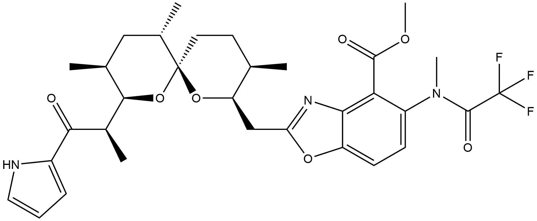 4-Benzoxazolecarboxylic acid, 5-[methyl(trifluoroacetyl)amino]-2-[[3,9,11-trimethyl-8-[1-methyl-2-oxo-2-(1H-pyrrol-2-yl)ethyl]-1,7-dioxaspiro[5.5]undec-2-yl]methyl]-, methyl ester, [6S-[6α(2S*,3S*),8β(R*),9β,11α]]- (9CI) 구조식 이미지