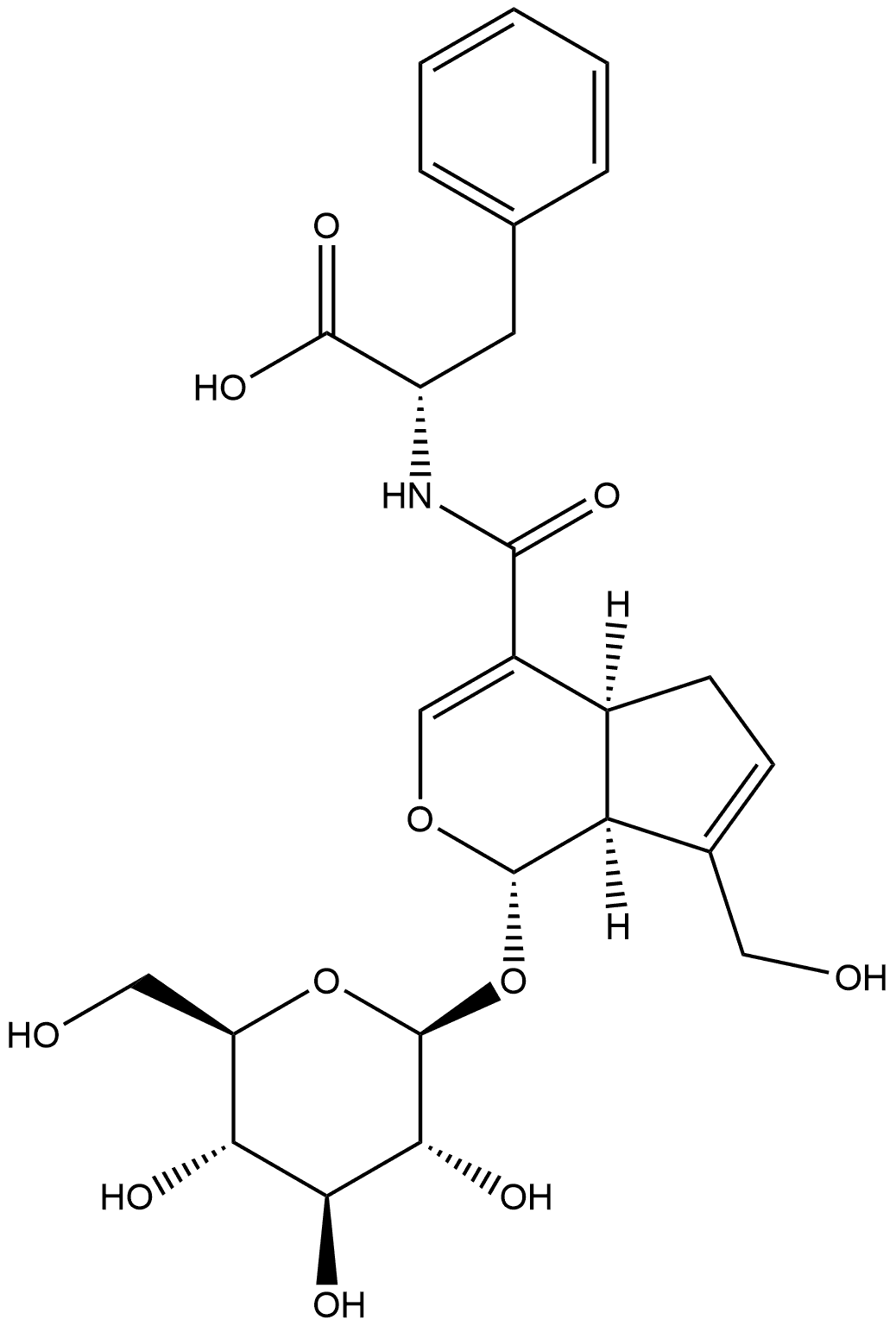 L-Phenylalanine, N-[[(1S,4aS,7aS)-1-(β-D-glucopyranosyloxy)-1,4a,5,7a-tetrahydro-7-(hydroxymethyl)cyclopenta[c]pyran-4-yl]carbonyl]- Structure