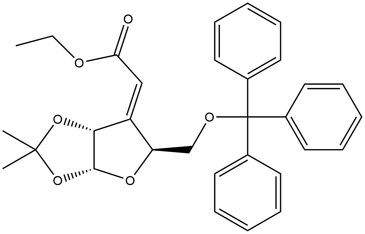 α-D-erythro-Pentofuranose, 3-deoxy-3-(2-ethoxy-2-oxoethylidene)-1,2-O-(1-methylethylidene)-5-O-(triphenylmethyl)-, (3Z)- Structure