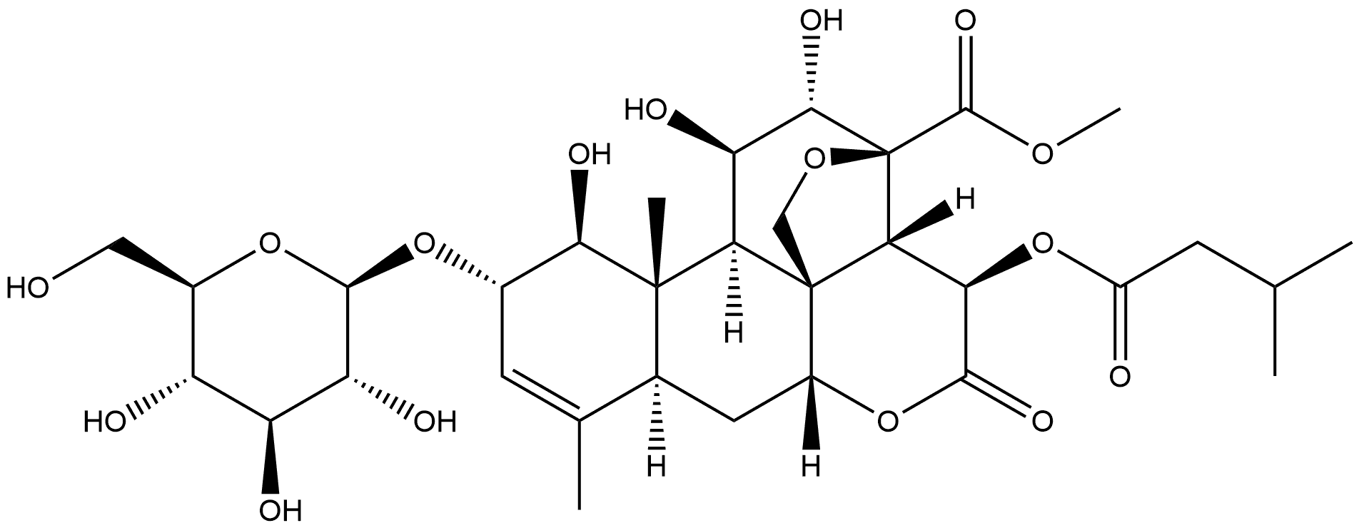 Picras-3-en-21-oic acid, 13,20-epoxy-2-(β-D-glucopyranosyloxy)-1,11,12-trihydroxy-15-(3-methyl-1-oxobutoxy)-16-oxo-, methyl ester, (1β,2α,11β,12α,15β)- (9CI) 구조식 이미지