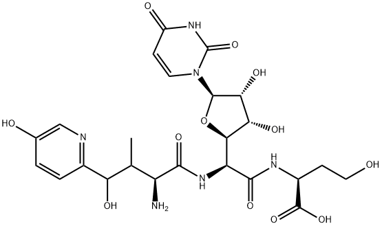 N-[2-[(2R)-5α-(3,4-Dihydro-2,4-dioxopyrimidin-1(2H)-yl)tetrahydro-3β,4β-dihydroxyfuran-2α-yl]-N-[(3S,4S)-4-hydroxy-4-(5-hydroxypyridin-2-yl)-L-valyl]-L-glycyl]-L-homoserine 구조식 이미지