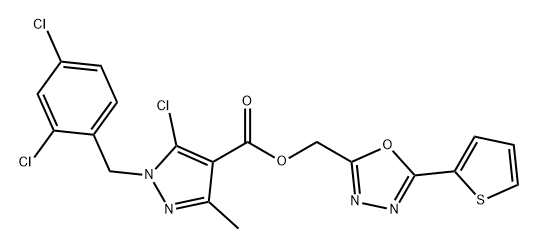 1H-Pyrazole-4-carboxylic acid, 5-chloro-1-[(2,4-dichlorophenyl)methyl]-3-methyl-, [5-(2-thienyl)-1,3,4-oxadiazol-2-yl]methyl ester Structure