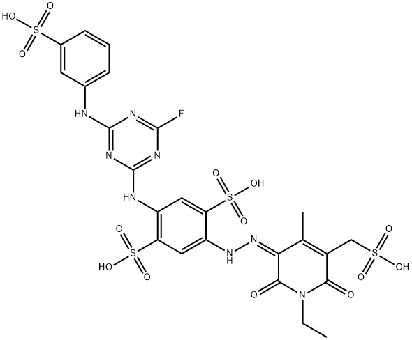 1,?4-?Benzenedisulfonic acid, 2-?[(2Z)?-?2-?[1-?ethyl-?1,?6-?dihydro-?4-?methyl-?2,?6-?dioxo-?5-?(sulfomethyl)?-?3(2H)?-?pyridinylidene]?hydrazinyl]?-?5-?[[4-?fluoro-?6-?[(3-?sulfophenyl)?amino]?-?1,?3,?5-?triazin-?2-?yl]?amino]?- 구조식 이미지