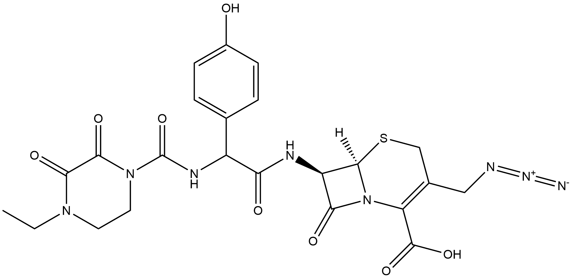 5-Thia-1-azabicyclo[4.2.0]oct-2-ene-2-carboxylic acid, 3-(azidomethyl)-7-[[[[(4-ethyl-2,3-dioxo-1-piperazinyl)carbonyl]amino](4-hydroxyphenyl)acetyl]amino]-8-oxo-, [6R-[6α,7β(R*)]]- Structure