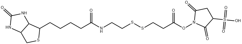 Propanoic acid, 3-[[2-[[5-(hexahydro-2-oxo-1H-thieno[3,4-d]imidazol-4-yl)-1-oxopentyl]amino]ethyl]dithio]-, 2,5-dioxo-3-sulfo-1-pyrrolidinyl ester Structure