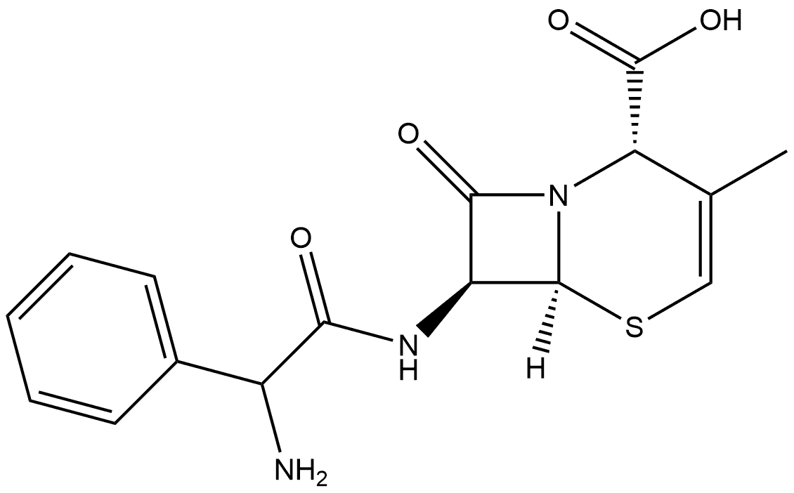 5-Thia-1-azabicyclo[4.2.0]oct-3-ene-2-carboxylic acid, 7-[(aminophenylacetyl)amino]-3-methyl-8-oxo-, [2S-[2α,6α,7β(S*)]]- 구조식 이미지