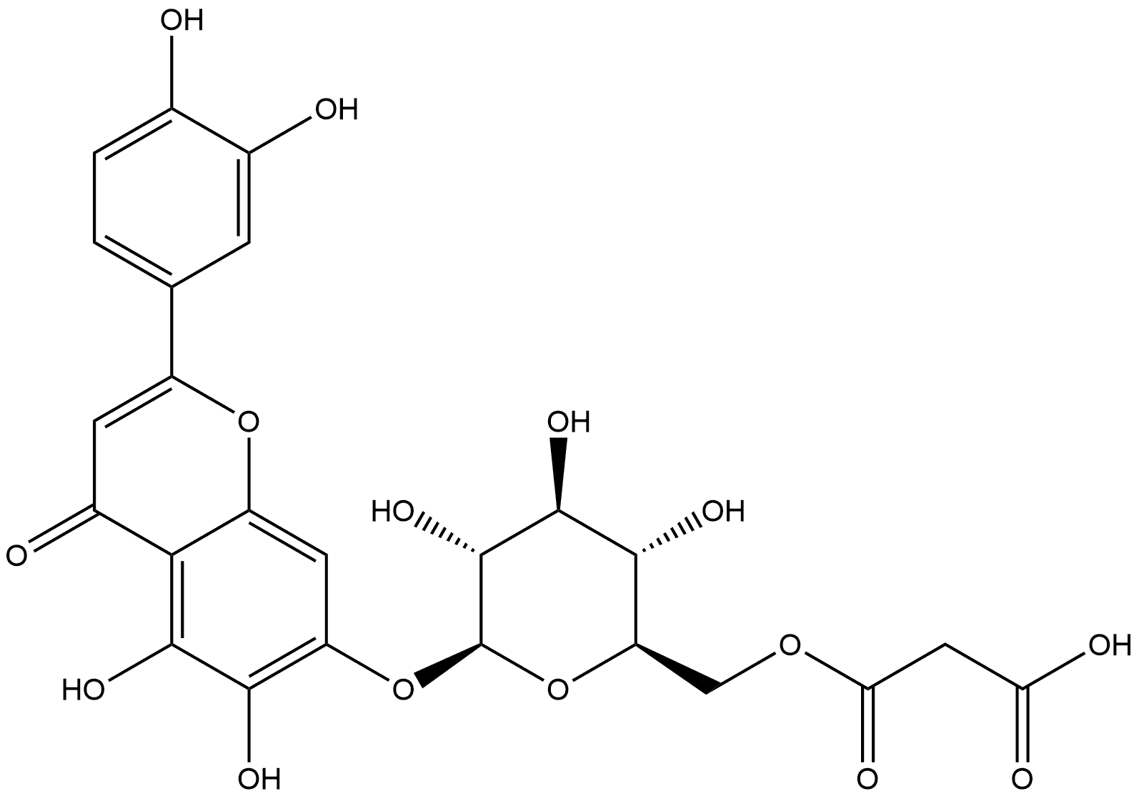 4H-1-Benzopyran-4-one, 7-[[6-O-(carboxyacetyl)-β-D-glucopyranosyl]oxy]-2-(3,4-dihydroxyphenyl)-5,6-dihydroxy- (9CI) 구조식 이미지