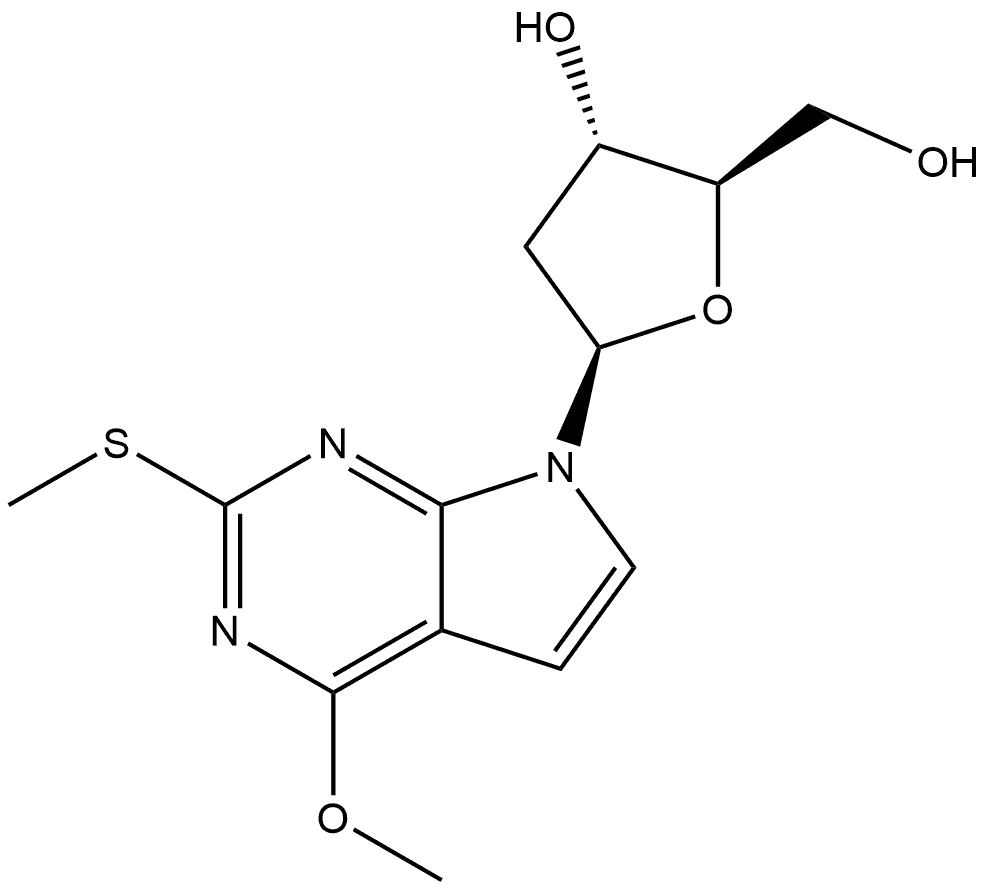 7H-Pyrrolo[2,3-d]pyrimidine, 7-(2-deoxy-β-D-erythro-pentofuranosyl)-4-methoxy-2-(methylthio)- Structure