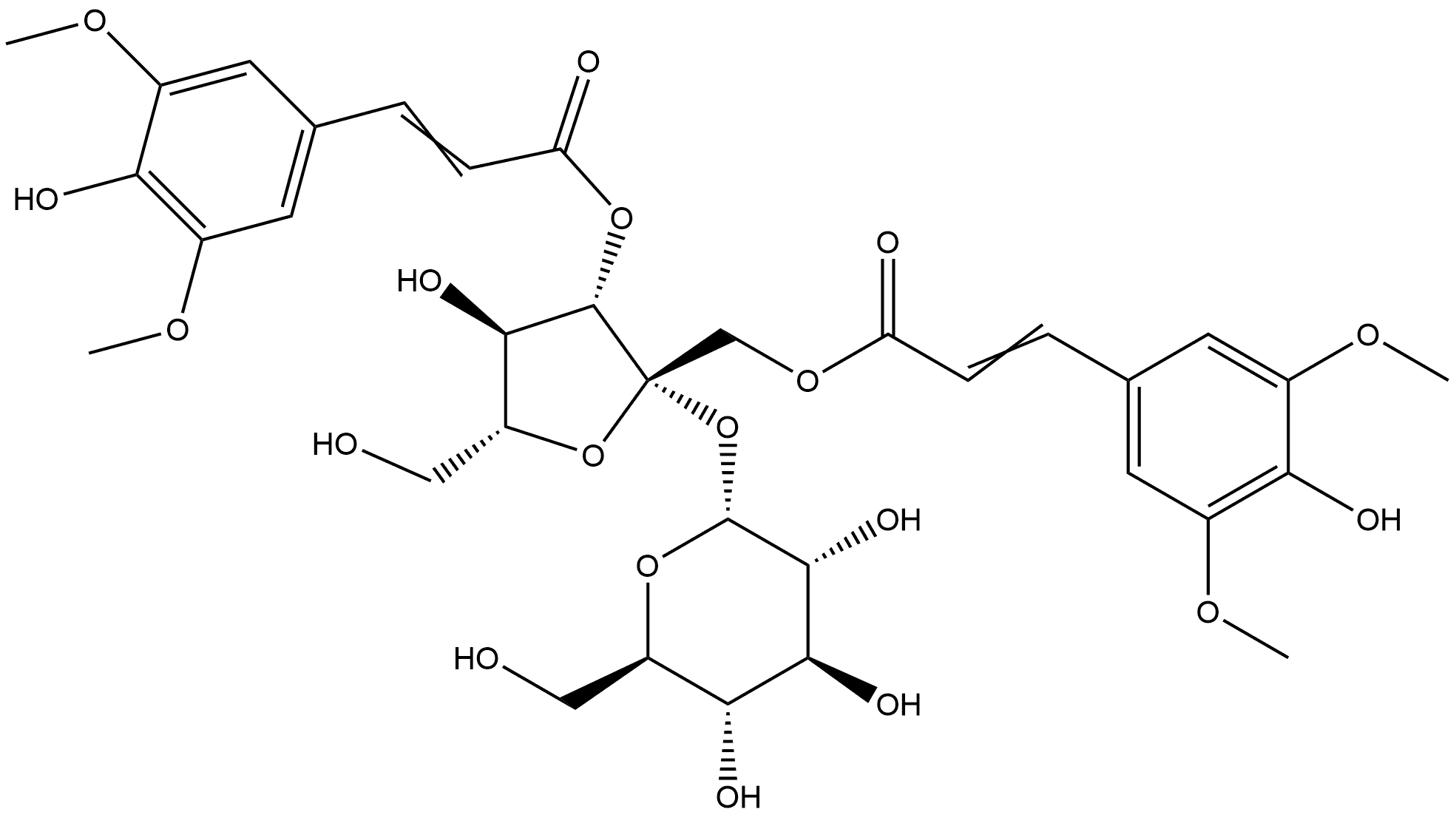 1,3-Bis-O-[3-(4-hydroxy-3,5-dimethoxyphenyl)-1-oxo-2-propen-1-yl]-β-D-fructofuranosyl α-D-glucopyranoside 구조식 이미지