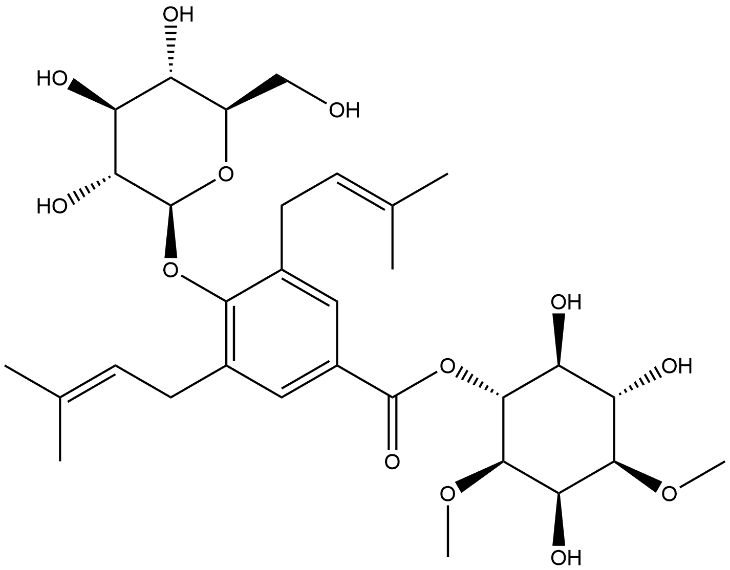 myo-Inositol, 1,3-di-O-methyl-, 4-[4-(β-D-glucopyranosyloxy)-3,5-bis(3-methyl-2-buten-1-yl)benzoate] 구조식 이미지