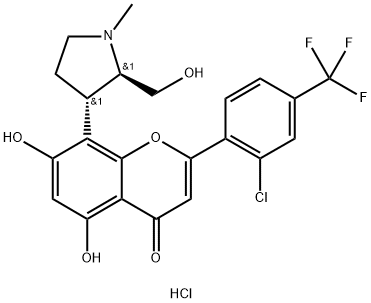 4H-1-Benzopyran-4-one, 2-[2-chloro-4-(trifluoromethyl)phenyl]-5,7-dihydroxy-8-[(2R,3S)-2-(hydroxymethyl)-1-methyl-3-pyrrolidinyl]-, hydrochloride (1:1) Structure