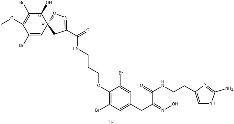 1-Oxa-2-azaspiro[4.5]deca-2,6,8-triene-3-carboxamide, N-[3-[4-[3-[[2-(2-amino-1H-imidazol-4-yl)ethyl]amino]-2-(hydroxyimino)-3-oxopropyl]-2,6-dibromophenoxy]propyl]-7,9-dibromo-10-hydroxy-8-methoxy-, monohydrochloride, (5R-trans)- (9CI) Structure