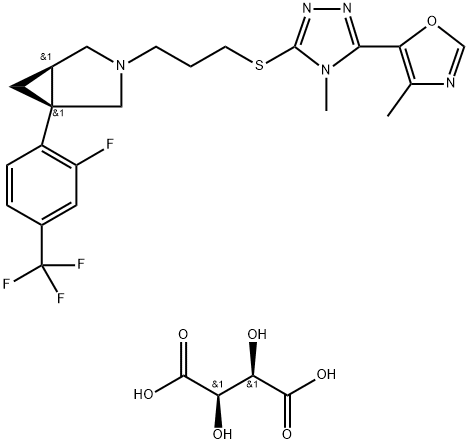 3-Azabicyclo[3.1.0]hexane, 1-[2-fluoro-4-(trifluoromethyl)phenyl]-3-[3-[[4-methyl-5-(4-methyl-5-oxazolyl)-4H-1,2,4-triazol-3-yl]thio]propyl]-, (1S,5R)-, (2R,3R)-2,3-dihydroxybutanedioate (1:1) Structure