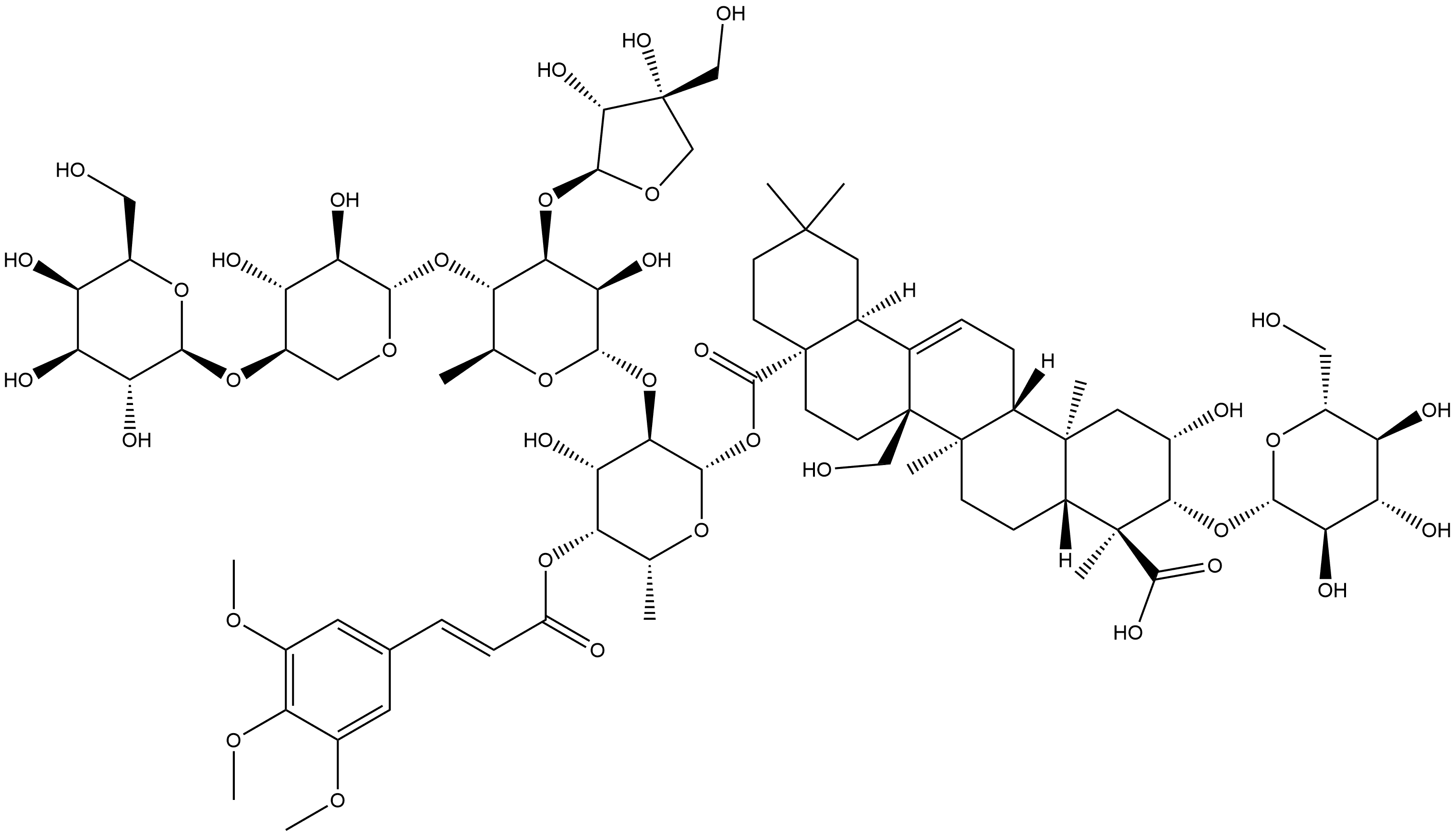 Olean-12-ene-23,28-dioic acid, 3-(β-D-glucopyranosyloxy)-2,27-dihydroxy-, 28-[O-β-D-galactopyranosyl-(1→4)-O-β-D-xylopyranosyl-(1→4)-O-[D-apio-β-D-furanosyl-(1→3)]-O-6-deoxy-α-L-mannopyranosyl-(1→2)-6-deoxy-4-O-[(2E)-1-oxo-3-(3,4,5-trimethoxyphenyl)-2-propen-1-yl]-β-D-galactopyranosyl] ester, (2β,3β,4α)- Structure