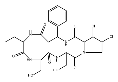 사이클로(L-Abu-L-Ser-L-Ser-3β,4β-디클로로-L-Pro-3-페닐-βAla-) 구조식 이미지