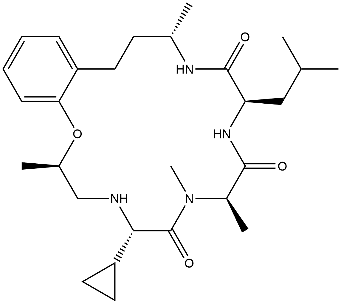 D-Leucine, (2S)-N-[(2R)-2-[2-[(3S)-3-aminobutyl]phenoxy]propyl]-2-cyclopropylglycyl-N-methyl-D-alanyl-, (3→1)-lactam Structure