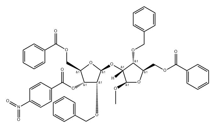 β-D-Ribofuranoside, methyl 2-O-[5-O-benzoyl-3-O-(4-nitrobenzoyl)-2-O-(phenylmethyl)-β-D-ribofuranosyl]-3-O-(phenylmethyl)-, 5-benzoate 구조식 이미지