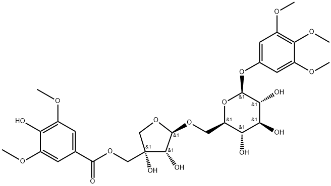 β-?D-?Glucopyranoside, 3,?4,?5-?trimethoxyphenyl 6-?O-?[5-?O-?(4-?hydroxy-?3,?5-?dimethoxybenzoyl)?-?D-?apio-?β-?D-?furanosyl]?- 구조식 이미지