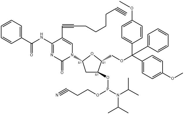 Cytidine, N-benzoyl-5'-O-[bis(4-methoxyphenyl)phenylmethyl]-2'-deoxy-5-(1,7-octadiyn-1-yl)-, 3'-[2-cyanoethyl N,N-bis(1-methylethyl)phosphoramidite] 구조식 이미지
