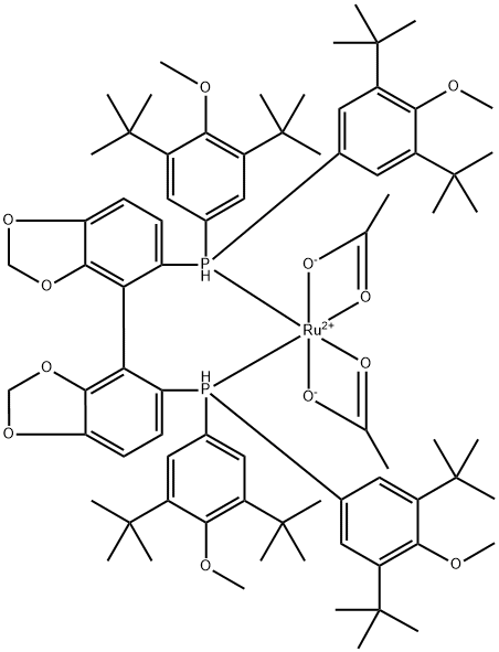 Diacetato{(R)-(-)-5,5'-bis[di(3,5-di-t-butyl-4-methoxyphenyl)phosphino]-4,4'-bi-1,3-benzodioxole}ruthenium(II) Ru(OAc)2[(R)-dtbm-segphos] 구조식 이미지